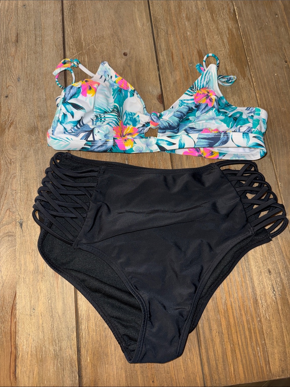 Rue21 White Tropical Floral Bikini Top with Black High-Waist Bottoms
